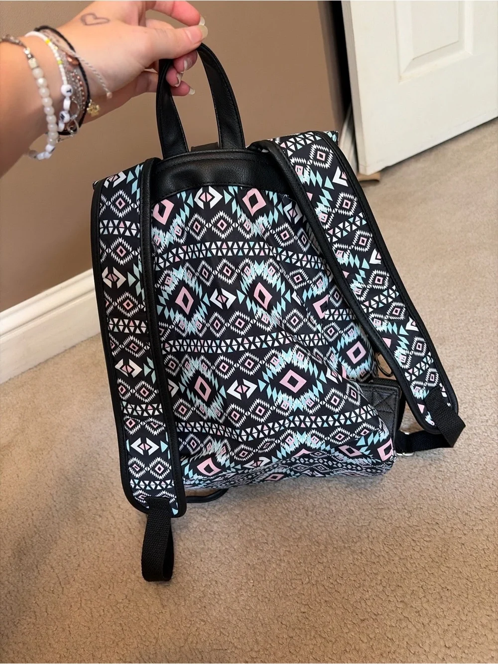 Black Aztec-Pattern Backpack with Pink & Teal Accents